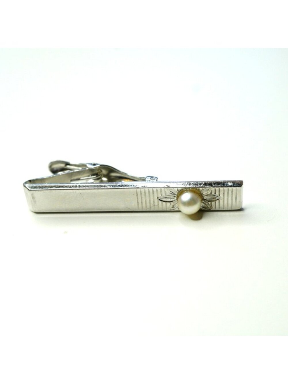 Vintage Foster Silver Tone Faux Pearl Tie Clip Floral Engraved Tie Bar